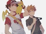  artist_name brown_eyes brown_hair eyewear_removed gen_1_pokemon hat male_focus multiple_boys ookido_green orange_eyes orange_hair pikachu pokemon pokemon_(creature) pokemon_(game) pokemon_sm red_(pokemon) shirt signature smile suikka sunglasses t-shirt wrist_cuffs 