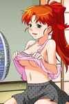  blush breasts electric_fan fan green_eyes hair_ribbon high_ponytail indoors long_hair mana_(super_real_mahjong) medium_breasts navel official_art open_mouth orange_hair ribbon shirt_lift skirt solo super_real_mahjong sweat tanaka_ryou underboob 