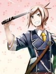  blush brown_eyes brown_hair cowlick double-breasted grin hair_ornament hairclip hand_on_hip houchou_toushirou kodama_yamabiko looking_at_viewer male_focus military military_uniform necktie patterned_background pink_background smile solo sword tantou touken_ranbu uniform upper_body weapon yellow_neckwear 