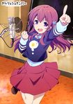  absurdres arm_up bow copyright_name eyebrows eyebrows_visible_through_hair girlish_number hair_bow highres index_finger_raised indoors karasuma_chitose_(girlish_number) kinoshita_sumie leg_up long_hair looking_at_viewer microphone open_mouth pleated_skirt purple_eyes purple_hair red_skirt skirt solo 