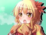  aki_shizuha blonde_hair dress hair_ornament leaf leaf_hair_ornament leaf_on_head maple_leaf mittens open_mouth oshiaki red_dress scarf short_hair solo touhou upper_body yellow_eyes 