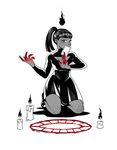  blood bloody_hands candle card claws cleavage_cutout covering_mouth dark_skin dress eunnieboo fire full_body high_ponytail kneeling monochrome original shadow solo spot_color 