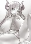  1girl alicia_(granblue_fantasy) breasts cross_earrings doraf earrings granblue_fantasy hand_over_mouth horn huge_breasts long_hair looking_at_viewer monochrome one_breast_out pointy_ears sketch tahnya 