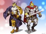  abs armor biceps canine cape clothed clothing duo feline helmet japanese_clothing katana kuroma male mammal melee_weapon muscular muscular_male pecs robe roman samurai skimpy sword tiger warrior weapon wolf 