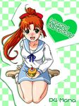  blush character_name checkered checkered_background cupcake food full_body green_eyes happy_birthday high_ponytail holding loafers long_hair long_sleeves mana_(super_real_mahjong) nose_blush official_art open_mouth orange_hair school_uniform shoes sitting skirt solo super_real_mahjong tanaka_ryou wariza 