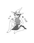  barefoot eunnieboo full_body greyscale hair_bun hat monochrome mouth_hold needle original scissors sewing sewing_needle shirt short_shorts shorts sleeveless sleeveless_shirt solo spread_legs thread witch_hat 