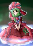  arm_ribbon bow dress frills front_ponytail green_eyes green_hair hair_bow hair_ribbon highres kagiyama_hina oshiaki red_dress ribbon solo touhou 