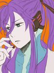  creamyya green_eyes high_ponytail kamui_gakupo long_hair male_focus open_mouth orange_background purple_hair simple_background solo upper_body vocaloid 