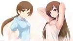  armpits arms_up breasts brown_eyes brown_hair cleavage eyebrows eyebrows_visible_through_hair idolmaster idolmaster_cinderella_girls long_hair looking_at_viewer medium_breasts nitta_minami onion_(lemlaml) sketch smile solo 