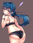  1girl absurdres ass bangs black_bra black_panties blue_hair blush bra choker finger_to_mouth from_behind grey_background hand_on_own_ass highres long_hair looking_back love_live! love_live!_sunshine!! panties purple_eyes side_bun simple_background solo tem10 tsushima_yoshiko underwear underwear_only 