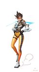  artstation_sample bangs black_gloves bodysuit bomber_jacket brown_eyes brown_hair brown_jacket clothes_writing cross-laced_clothes cross-laced_legwear ear_piercing full_body fur_trim gloves goggles hands_on_hips harness highres image_sample jacket leather leather_jacket lips military_rank_insignia nose orange_bodysuit overwatch pants parted_lips piercing pink_lips shen_yh shoes short_hair short_sleeves simple_background sleeves_rolled_up solo spiked_hair standing standing_on_one_leg strap swept_bangs thigh_strap tight tight_pants tracer_(overwatch) vambraces white_background white_footwear 