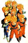  90s blonde_hair dougi dragon_ball dragonball_z father_and_son fusion gotenks looking_at_viewer male_focus multiple_boys muscle official_art pose scan serious smile son_gokuu son_goten spiked_hair super_saiyan sword traditional_media trunks_(dragon_ball) vegetto weapon 