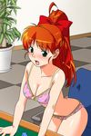 arm_support blush bra breasts chair cleavage green_eyes hair_ribbon indoors large_breasts long_hair mana_(super_real_mahjong) official_art open_mouth orange_hair panties ribbon solo super_real_mahjong tanaka_ryou tile_floor tiles underwear underwear_only 