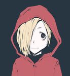  asymmetrical_hair black_background blonde_hair closed_mouth dark face hair_over_one_eye hood hood_up hoodie idolmaster idolmaster_cinderella_girls pale_skin portrait red_eyes shirasaka_koume short_eyebrows short_hair simple_background solo tamaoki_benkyou 