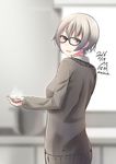  bad_id bad_pixiv_id cardigan glasses grey_eyes grey_hair looking_back nekobaka original short_hair solo 