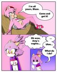  amy_rose anthro blaze_the_cat blush bottomless breasts cat clothed clothing comic dialogue english_text feline female female/female fur green_eyes hair hedgehog mammal navel nipples pink_fur pink_hair presenting presenting_pussy purple_fur pussy raised_shirt sandunky sonic_(series) spread_legs spreading text yellow_eyes 