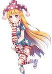  :t american_flag_dress american_flag_legwear bad_id bad_pixiv_id bangs blonde_hair blush clownpiece dress hat highres jester_cap long_hair looking_at_viewer neck_ruff pantyhose polka_dot pout re-ka red_eyes short_dress simple_background solo star star_print striped torn_clothes torn_dress torn_legwear touhou very_long_hair white_background 