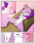  amy_rose anthro blaze_the_cat bottomless breasts cat clothed clothing comic dialogue english_text feline female female/female fur green_eyes hair hedgehog mammal navel nipples pink_fur pink_hair purple_fur pussy raised_shirt sandunky sonic_(series) spread_legs spreading text yellow_eyes 