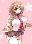  breasts brown_eyes brown_hair commentary_request hair_ornament hairclip highres huge_breasts looking_at_viewer narusawa_ryouka necktie occultic;nine open_mouth shirogane_(platinum) short_hair skirt smile solo thighhighs thighs white_legwear 