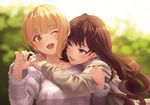  :3 :d ;3 ;d arm_around_shoulder arm_holding bangs blonde_hair blurry blush brown_hair collarbone day depth_of_field earrings eyebrows eyebrows_visible_through_hair fur_trim green_eyes hand_on_another's_arm hug ichinose_shiki idolmaster idolmaster_cinderella_girls jewelry lazy_lazy_(idolmaster) long_hair long_sleeves looking_at_another looking_at_viewer miyamoto_frederica multiple_girls nail_polish one_eye_closed open_mouth own_hands_together palms pink_lips pink_nails purple_eyes short_hair smile striped terumii upper_body 