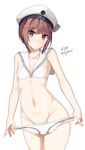  artist_name bikini bikini_bottom_removed bottomless bow brown_eyes brown_hair closed_mouth clothes_writing collarbone commentary_request cowboy_shot eyebrows eyebrows_visible_through_hair flat_chest groin hat hat_bow holding holding_bikini_bottom kantai_collection looking_at_viewer navel sailor_bikini sailor_collar sailor_hat samegami short_hair signature simple_background solo standing striped striped_bow swimsuit white_background white_bikini white_hat z3_max_schultz_(kantai_collection) 