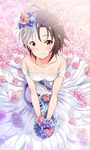  ahoge alternate_costume antenna_hair bad_id bad_twitter_id black_eyes black_hair blush bouquet breasts bridal_veil collarbone dress flower from_above garana hair_between_eyes hair_flower hair_ornament idolmaster idolmaster_(classic) kikuchi_makoto looking_at_viewer off_shoulder rose short_hair small_breasts smile solo sparkle veil wedding_dress white_dress 