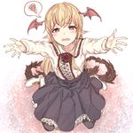  bangs black_legwear black_skirt blonde_hair blush boots collarbone collared_shirt daisu demon_tail eyebrows eyebrows_visible_through_hair fang flower frilled_shirt_collar frilled_skirt frills granblue_fantasy hair_between_eyes head_wings long_hair long_sleeves looking_at_viewer multiple_tails open_mouth outstretched_arms pantyhose pink_eyes pointy_ears red_flower red_rose red_wings rose shingeki_no_bahamut shirt simple_background sitting skirt solo speech_bubble spoken_squiggle squiggle tail tears vampire vampy wariza white_background white_footwear wings 