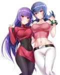  arm_around_waist ass_visible_through_thighs bad_id bad_tumblr_id belt black_bodysuit bodysuit breast_press breasts cleavage covered_navel dress dual_persona hizuki_akira large_breasts long_hair looking_at_viewer midriff multiple_girls natsume_(pokemon) navel pants pantyhose pokemon pokemon_(game) pokemon_frlg pokemon_hgss purple_hair simple_background smile thigh_gap tight tight_dress tight_pants very_long_hair 