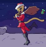  bag belt boots chimney christmas clothing costume feline female filthypally footwear fur happy holidays katia_managan khajiit mammal on_one_leg open_mouth prequel santa_costume sky snow solo standing star the_elder_scrolls video_games yellow_fur 