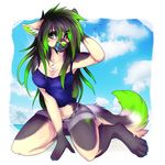  4_toes 5_fingers armpits black_hair breasts canine chesta clothed clothing eyelashes fluffy fluffy_tail green_eyes green_hair green_nose grey_hair hair kneeling mammal midriff navel smile solo toes wide_hips 