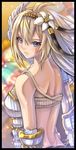  ahoge armor back bangs bare_shoulders black_border blonde_hair blue_eyes blush border breasts broken_armor closed_mouth crack flower from_behind granblue_fantasy hair_between_eyes hair_flower hair_ornament highres jeanne_d'arc_(granblue_fantasy) light_particles lily_(flower) long_hair looking_at_viewer looking_back medium_breasts sa-mu signature solo upper_body 