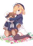  absurdres ahoge black_legwear blonde_hair blue_eyes eyebrows eyebrows_visible_through_hair hair_ornament hat heart heart_hair_ornament highres makiaato open_mouth original short_hair simple_background sitting solo stuffed_animal stuffed_toy teddy_bear thighhighs white_background 