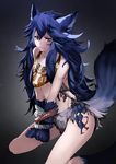  &gt;:( animal_ears bangs bare_arms bare_legs bare_shoulders blue_hair bound bound_wrists bright_pupils closed_mouth collarbone fangs fenrir_(shingeki_no_bahamut) flat_chest frown granblue_fantasy grey_background grey_skirt groin hair_between_eyes highres jewelry long_hair looking_away looking_to_the_side messy_hair miniskirt necklace paws pink_eyes shingeki_no_bahamut sitting skirt solo tail tattoo utsubokuzu v-shaped_eyebrows v_arms very_long_hair wariza wolf_ears wolf_paws wolf_tail 