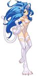  1girl animal_ears blue_hair breasts cat_ears cat_tail darkstalkers eyebrows felicia female full_body green_eyes long_hair looking_at_viewer smile solo standing standing_on_one_leg tail 