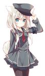  adjusting_clothes adjusting_hat animal_ears arm_behind_back arm_up belt black_bow black_legwear blonde_hair blue_eyes blush bow character_request commentary_request copyright_request dog_ears dog_tail hair_bow hat highres hoshi_(snacherubi) long_sleeves looking_at_viewer low_twintails military military_hat military_uniform pantyhose simple_background solo tail twintails uniform white_background 