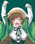  1girl angry brown_hair female green_background heterochromia open_mouth rozen_maiden simple_background solo suiseiseki 