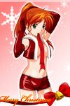  adjusting_hair arms_up elbow_gloves fur_trim gloves green_eyes high_ponytail long_hair mana_(super_real_mahjong) merry_christmas mouth_hold navel orange_hair red_gloves ribbon santa_costume smile solo super_real_mahjong tanaka_ryou 