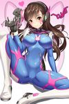  animal_print arm_support bangs blush bodysuit boots breasts brown_eyes brown_hair bunny_print cameltoe character_name closed_mouth d.va_(overwatch) eyebrows eyebrows_visible_through_hair eyelashes facial_mark finger_on_trigger gloves gun hand_up headphones heart highres holding holding_gun holding_weapon long_hair long_sleeves looking_at_viewer medium_breasts overwatch pilot_suit pink_background ribbed_bodysuit sitting skin_tight smile solo spread_legs swept_bangs tako_seijin thigh_strap weapon whisker_markings white_footwear 