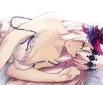  artist_name bangs bed_sheet blush breasts camisole cleavage collarbone dark_jeanne dark_persona eyes_visible_through_hair fingernails granblue_fantasy hair_between_eyes hair_ornament jeanne_d'arc_(granblue_fantasy) long_fingernails long_hair lying medium_breasts on_side open_mouth orange_eyes simple_background smile solo strap_slip white_background white_hair yami_kyon_oov 