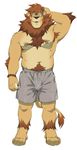  anthro barefoot bulge clothed clothing eyewear feline full-length_portrait glasses guide_lines lion male mammal mane moobs musclegut navel nipples open_mouth plantigrade portrait rossciaco rubbing_head shorts slightly_chubby standing topless 