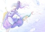  blue_eyes blue_hat frilled_skirt frills furapechi hat highres japanese_clothes kariginu layered_clothing layered_sleeves long_sleeves looking_away mononobe_no_futo petals plate pom_pom_(clothes) ponytail silver_hair simple_background skirt solo tate_eboshi touhou wide_sleeves 