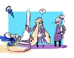  1girl ? apron arms_behind_back artist_name bangs blunt_bangs blush bouquet butler cookie_(zoza) death domino_mask donut_(zoza) dress flower flying_sweatdrops hair_slicked_back halo hand_on_hip hat hat_flower holding holding_weapon inkbrush_(splatoon) inkling lollipop_(zoza) long_sleeves looking_at_viewer maid maid_headdress mary_janes mask octobrush_(splatoon) paint_splatter pants pointy_ears scrunchie shirt shoes signature socks splatoon_(series) splatoon_1 spoken_question_mark standing t-shirt topknot weapon white_hair zoza 