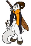  2016 aliasing ambiguous_gender anthro arctic_fox canine caprine cervine cloak clothing deer digital_media_(artwork) duo fox fur goat guffin hooves horn hybrid mammal melee_weapon orange_eyes scarf sheep simple_background sword trout_(artist) weapon white_fur 