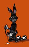  agent_(artist) bugs_bunny clothing collar cum gimp gimp_suit gloves grin kneeling leash looney_tunes male rubber simple_background solo warner_brothers zipper zipper_mouth 