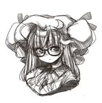  :&lt; bespectacled black-framed_eyewear blush bun_cover double_bun glasses greyscale hat hiro_(h-net) large_hat long_hair looking_at_viewer mob_cap monochrome patchouli_knowledge sketch solo touhou upper_body 