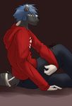  anthro canine clothed clothing ear_piercing fur hair male mammal mynerva piercing simple_background sitting solo 