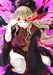  bags_under_eyes black_dress blonde_hair chinese_clothes crazy_eyes dress energy fingernails hat highres junko_(touhou) long_fingernails long_hair mimoto_(aszxdfcv) multiple_tails open_mouth pale_skin red_eyes ribbon sharp_fingernails smile solo tabard tail thighhighs touhou wide_sleeves yellow_ribbon 