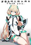  angela_balzac bangs bare_shoulders blonde_hair blue_eyes breasts commentary_request deva_battle_suit elbow_gloves gloves headgear large_breasts leotard long_hair looking_at_viewer low_twintails rakuen_tsuihou saitou_masatsugu solo twintails very_long_hair 
