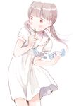  blue_ribbon blush brown_eyes brown_hair closed_mouth dress holding kawamoto_hinata long_hair looking_away low_twintails popsicle_stick ribbon sailor_dress sangatsu_no_lion short_sleeves simple_background sketch solo standing twintails white_background white_dress wind wrapper yuu_(plasm) 