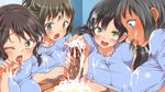  4girls black_hair blue_eyes blush bottomless breasts censored clothed_female_nude_male cum cum_in_mouth cum_on_breasts cum_on_clothes cum_on_hair cum_on_upper_body dark_skin erection facial green_eyes handjob harem highres huge_breasts impossible_clothes indoors kotosanomaa long_hair looking_at_viewer looking_down lying mole mole_under_eye mosaic_censoring multiple_girls one_eye_closed open_mouth original penis shiny shiny_clothes short_hair smile sweat tongue twintails yellow_eyes 